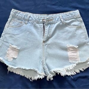 Light blue denim distress shorts